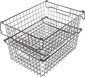 Home-Complete 2 pcs 16"x12" Large Stackable Wire Baskets, Organizer Stacking Storage Bins for Shelf, Pantry, Kitchen, Cabinets, can also be used in Chest Freezers (Brown)