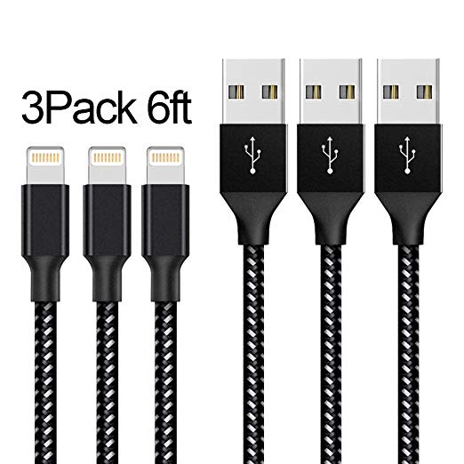 Lightning Cable,AOFU Charger Cables 3Pack 6FT to USB Syncing and Charging Cable Data Nylon Braided Cord Charger for iPhone X/8/8 Plus/7/7 Plus/6/6 Plus/6s/6s Plus/5/5s/5c/SE and more-Black&White