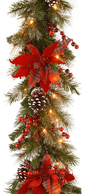 National Tree 9 Foot by 12 Inch Decorative Collection Tartan Plaid Garland with Red Berries, Cloth Poinsettia, Cones and 50 Battery Operated Warm White LED Lights (DC13-147-9BB-1)