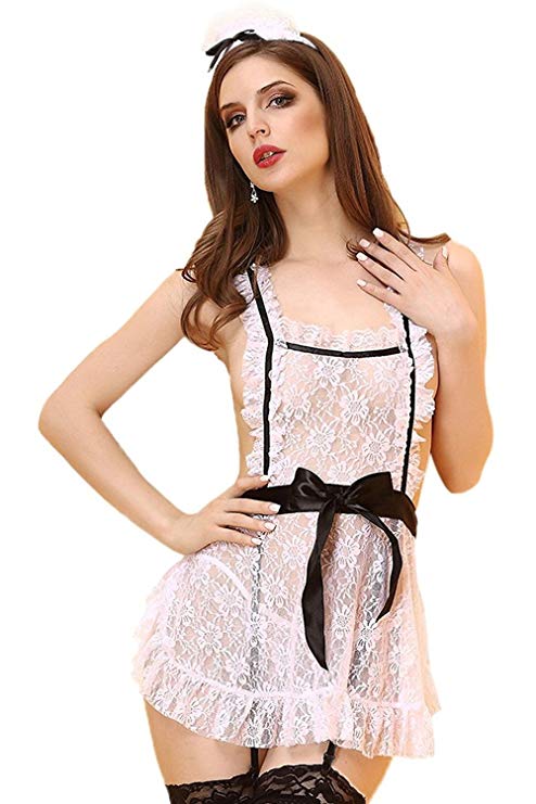 Jelove Women Sexy Lingerie French Maid Costume Cosplay Uniform Apron Fancy Crotchless Dress