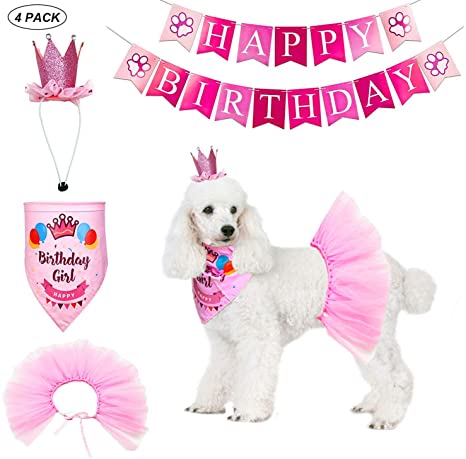 ADOGGYGO Dog Birthday Bandana Girl Boy - Birthday Party Supplies - Tutu Skirt Crown Hat Scarf Happy Birthday Banner Dog Boy Girl Birthday Outfit for Pet Puppy Cat