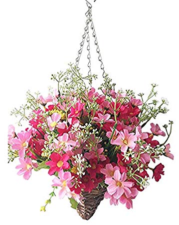 Lopkey Lifelike Artificial Daisy Flowers Outdoor Silk Daisy Indoor Patio Lawn Garden Mini Hanging Basket with Chain Flowerpot,Rose Red