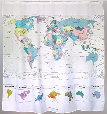 NEW! Map of the World Shower Curtain with Detailed Major Cities. PVC Free, Non-toxic and Odorless Water Repellent Fabric. Large Home Décor. 71'x71' Wall Map.