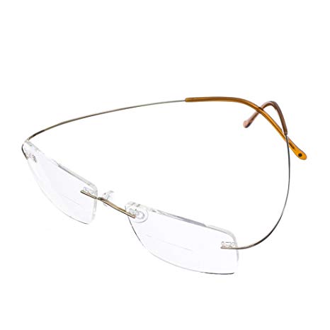 Bi Tao Super Light 100% Titanium Bifocal Reading Glasses Men Women Fashion Rimless Reading Eyeglasses + Eyewear Case(Golden,+2.00)