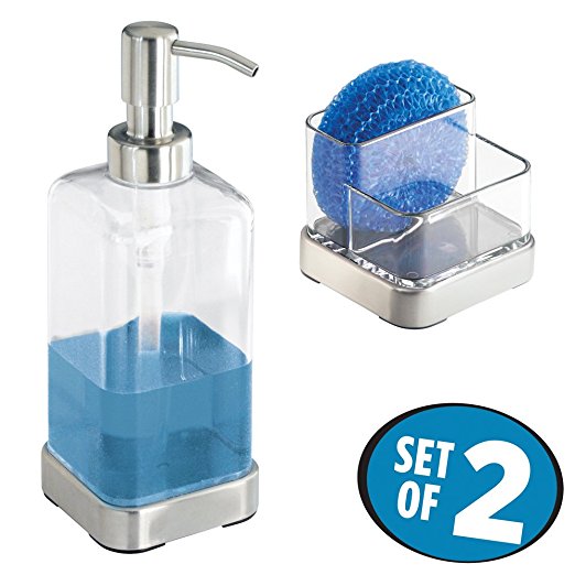 mDesign Kitchen Sink Set, Soap Dispenser Pump and Sponge/Scrubby Holder - Set of 2, Clear/Brushed Stainless Steel