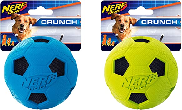 Nerf Dog Soccer Ball Dog Toy with Interactive Crunch, Lightweight, Durable and Water Resistant, 3 Inches, For Small/Medium/Large Breeds, Two Pack, Blue and Green