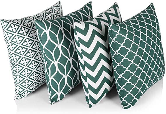 Penguin Home® 100% Cotton Decorative Double Sided Square Cushion Covers with Invisible Zipper 45cm x 45cm x 18” (Set of 4, Forest Green/White Pattern), 45x45 Cm