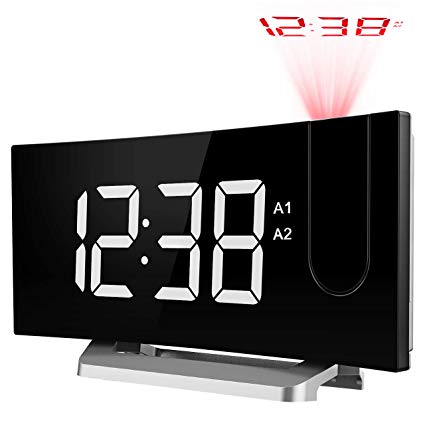 TOPELEK Projection Alarm Clock, FM Radio Alarm Clock with Dual USB Port, Dual Alarms, Snooze Function, 7''Curved-Screen Digital Alarm Clock with Dimmer, 12/24 Hours-White