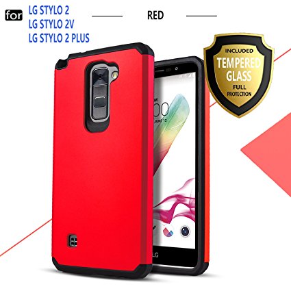 LG Stylo 2 Plus Case, LG Stylo 2 Case, LG Stylo 2 V Case, Starshop Hybrid Rugged Impact Advanced Armor Soft Silicone Cover With [0.33m 9H Tempered Glass Screen Protector Included] (Red)