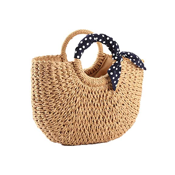 YOUNG-X Handmade Straw Purse Hobo Mini Tote Natural Vintage Bag, Women Round Handle Ring Rattan Retro handbag Summer Beach