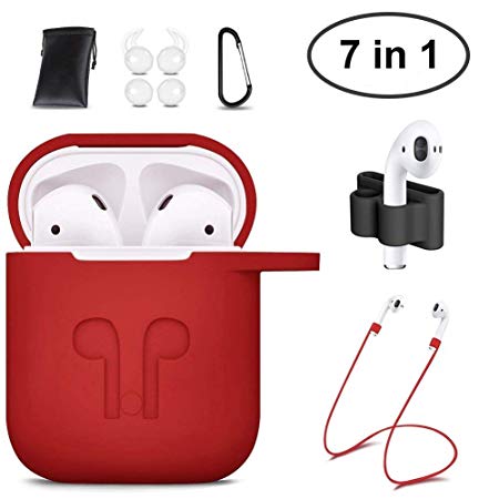ICETEK AirPods Case Cover, Silicone AirPods Case Protective 7 In 1 AirPods Accessories Set with Clip Holder/Keychain/Strap/Ear hooks/Soft Storage Bag for Apple Airpod (1-Red)