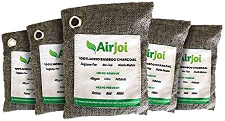 AIRJOI Bamboo Charcoal Air Purifying Bags (5-Pack), Activated Charcoal Odor Absorber, Natural Air Freshener Removes Odor and Moisture, Odor Eliminator for Car, Closet, Bathroom, Pets, Shoes