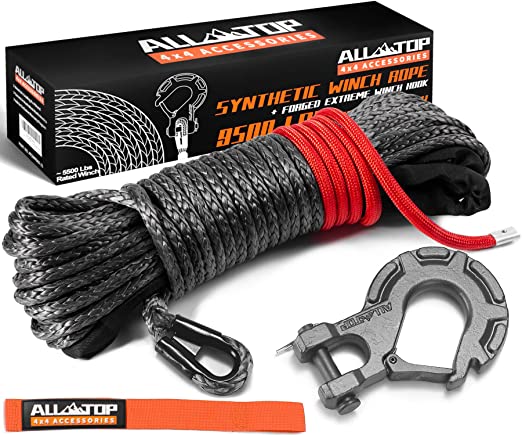 ALL-TOP Synthetic Winch Rope Cable Kit: 1/4" x 50 ft 9500LBS Winch Line with Protective Sleeve   Forged Winch Hook   Safety Pull Strap