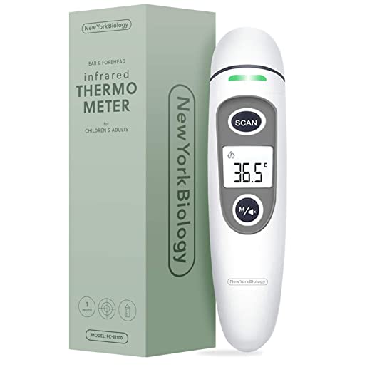 New York Biology™ | Infrared Thermometer for Adults, Children and Babies | 3 Colour Display with Fever Alarm | Forehead Thermometer and in Ear Thermometer | With 35 memory slots