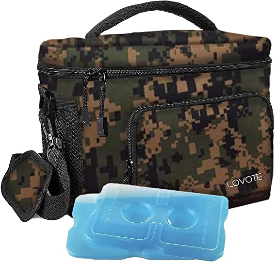 Large Insulated Lunch Bag Cooler Tote With 2 Reusable Cooler Ice Packs Easy Pull Zippers, Detachable Shoulder Strap, Roomy Compartments For Lunch Box, Bottles, Containers, (Camo)