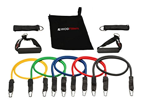 WODFitters Stackable 5 Resistance Bands Set With Soft Grip Handles | Durable Clipping System Exercise Cords, Door Anchor, Wrist and Ankle Straps