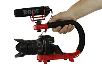 Cam Caddie Scorpion Jr Stabilizing Camera Handle for DSLR and GoPro Action Cameras - Professional Handheld U/C-Shaped Grip with Integrated Accessory Shoe Mount for Microphone or LED Video Light - Includes: Smartphone / GoPro Adapters and 1/4-20 Threaded Mounting Knob - Red
