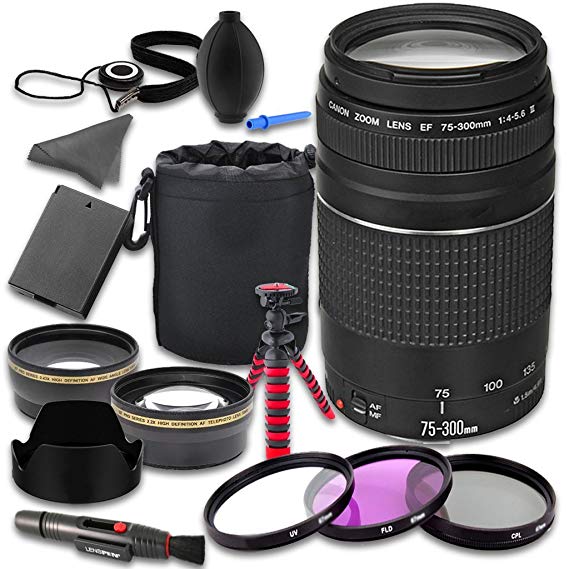Canon EOS Rebel T5 T6 DSLR Camera Accessories Kit with Canon EF 75-300mm f/4-5.6 III Lens   2.2x Telephoto Lens   0.43x Wideangle Lens   Lens Bag   Extra Battery   3 PC Filter Kit   Tripod