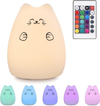 Navaris Night Light for Kids - Colour Changing LED Bedside Lamp with Remote for Children Girls Boys Bedroom Nursery USB Rechargeable Nightlight - Cat