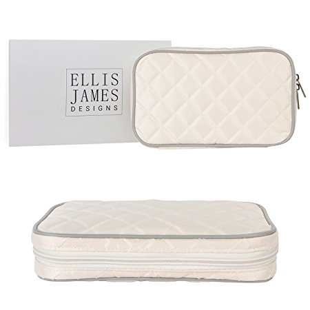 Ellis James Designs Quilted Travel Jewellery Organiser Bag Case Cream, Soft Padded Travel Jewellery Roll Pouch