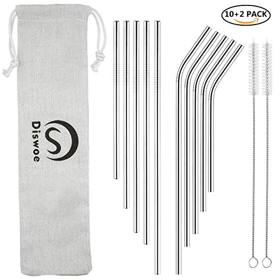 Stainless Steel Straws, Diswoe Set of 10 Reusable Metal Straws for 30oz 20oz Tumblers Cups, Metal Drinking Straw with Cleaning Brush for RTIC Tumbler Yeti or Ozark Trail Ramblers Cups