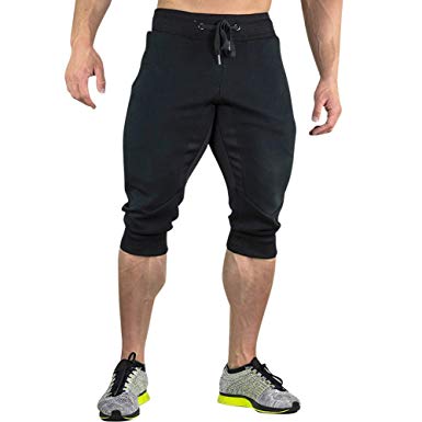 MECH-ENG Men's 3/4 Joggers Pants Workout Gym Capri Shorts Zipper Pockets