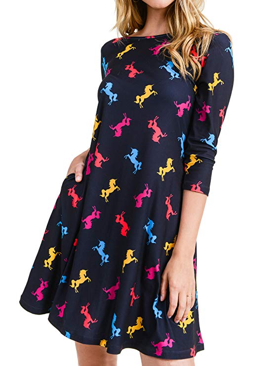 Women’s Printed Crew Neck A-Line Dresses with Pockets Casual Tropical Floral Novelty Animal Christmas Patterns