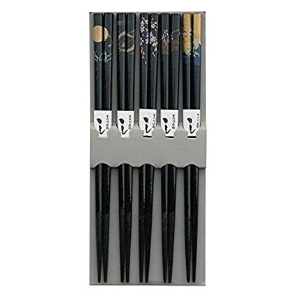 JapanBargain Brand 5 Pair Bamboo Chopsticks Gift Set Crane Design Black
