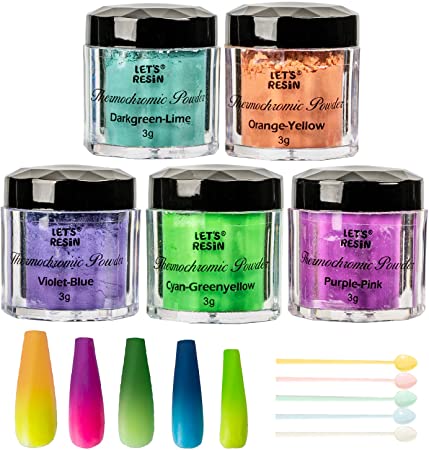 LET'S RESIN Thermochromic Pigment Powder Temperature Activated That Changes at 88°F-5 Colors Changing Powder for Nail Polish, Paint, Slime, Epoxy, Resin, Ink, Fabric Art, Casting-3 Gram Each