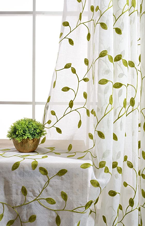 pureaqu Embroidery Green Leaves Linen Sheer Curtains Rod Pocket Process Voile Tulle Drapes/Curtain Window Decor 1 Panel W52xH63
