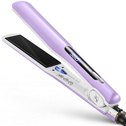 Natalie Styx Purple Flat Iron Hair Straighteners – 1.5 Inch Tourmaline Ceramic PTC Fast Heating Plates and Digital LCD Display, with 2 Salon Clips, Heating Glove & Storage Travel bag for gift sets