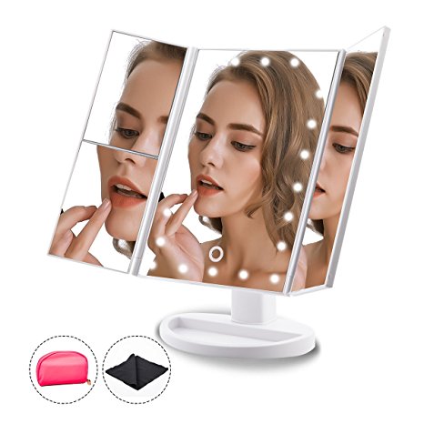 Makeup Mirror Trifold 22 Led Lighted with Touch Screen, Travel Vanity Mirror, 1x/2x/3x Magnification and Dual Power Supply, 180° Rotatable for Women Cosmetic Makeup by Toleap (White)