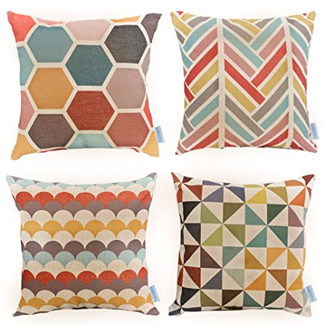 WOMHOPE 4 Pcs - 18" Colorfull Stripe Vintage Style Cotton Linen Square Throw Pillow Case Decorative Cushion Cover Pillowcase Cushion Case for Sofa,Bed,Chair (Colorfull Stripe (Set of 4))