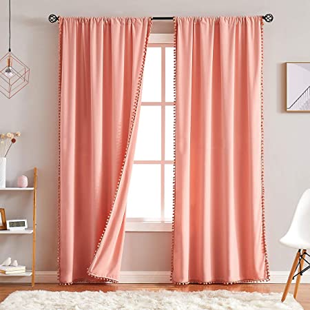 Treatmentex Velvet Blush Pink Curtains for Windows 63" Decorative Pom Pom Fringe Window Curtain Set for Girls Room Cotton Feel Soft, 1 Pair Coral