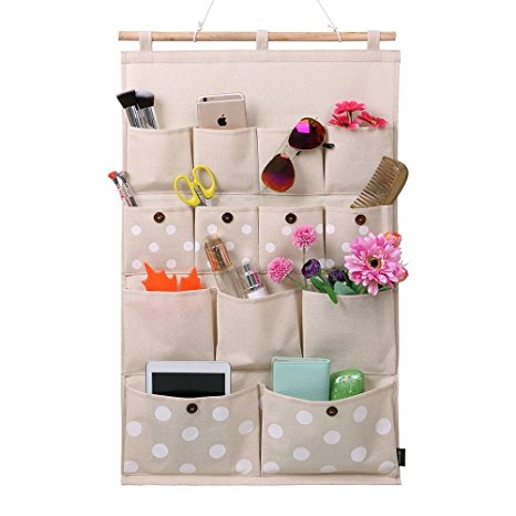 Homecube Linen/Cotton Fabric 13 Pockets Wall Door Closet Hanging Storage bag organizer,White Polka Dots/Navy Stripe (White polka dots)