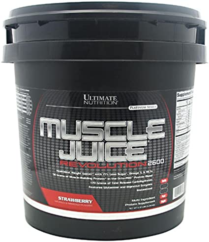 Ultimate Nutrition Muscle Juice Revolution Weight and Lean Muscle Mass Gainer Protein Powder with Glutamine, Micellar Casein and Time Release Complex Carbohydrates, Strawberry, 11.1 Pounds