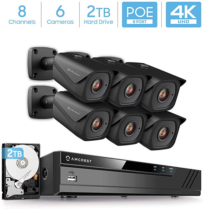 Amcrest 4K Security Camera System w/ 4K 8CH PoE NVR, 6 x 4K (8-Megapixel) IP67 Weatherproof Metal Bullet POE IP Cameras, 2.8mm Wide Angle Lens, Pre-Installed 2TB HDD, NV4108E-2496EB28M6-2TB (Black)