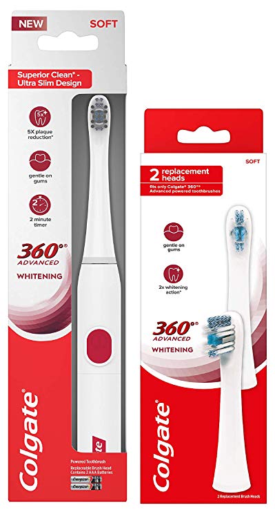 Colgate 360 Advanced Whitening Battery Powered Toothbrush with Replacement Heads