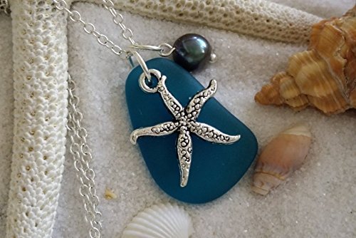 Handmade jeweley in Hawaii, teal blue sea glass necklace, starfish charm,fresh water purple pearl, gifts for her, beach glass necklace,sea glass jewelry,beach glass jewelry,Hawaiian jewelry