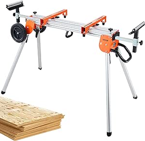 VEVOR Miter Saw Stand, 100in Collapsible Rolling Miter Saw Stand with One-piece Mounting Brackets Clamps Rollers, Heavy Duty Folding Miter Saw Stand with Sliding Rail, 500lbs Load Capacity