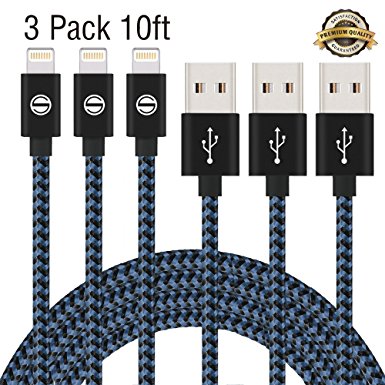 iPhone Cable SGIN,3Pack 10FT Nylon Braided Cord Lightning to USB iPhone Charging Charger for iPhone 7,7 Plus,6S,6 Plus,SE,5S,5,iPad,iPod Nano 7(Black Blue)