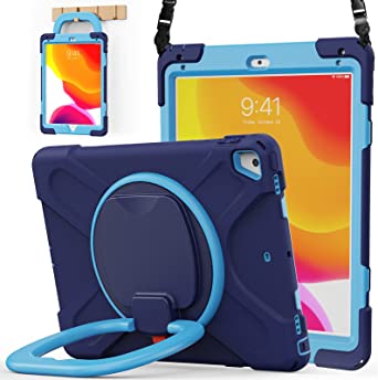 BATYUE iPad 9.7 inch Case for 2018 iPad 6th Gen/ 2017 iPad 5th Gen, iPad Air 2/ iPad Pro 9.7'',Shockproof Protective Rugged Cover with Pencil Holder &Rotating Bracket &Shoulder Strap(Navy Blue Blue)