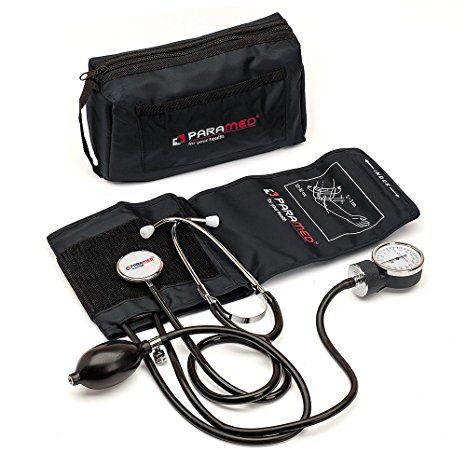 Manual Blood Pressure Cuff By Paramed – Professional Aneroid Sphygmomanometer With Carrying Case – Adult Sized Cuff – Blood Pressure Monitor Set With Stethoscope (Black)