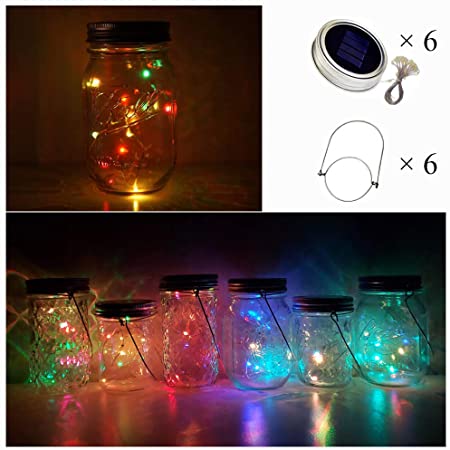 Cynzia Solar Mason Jar Lid Lights, 6 Pack 10 LED Twinkle Waterproof Fairy Star Firefly String Lamps with (6 Hangers Included,Jars Not Included), for Table Garden Wedding Party Decor (5 Colors)