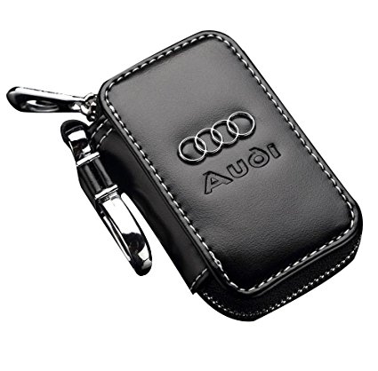 SHANG MEDING Black Premium Leather Car Key Chain Coin Holder Zipper Case Remote Wallet Bag (Audi)