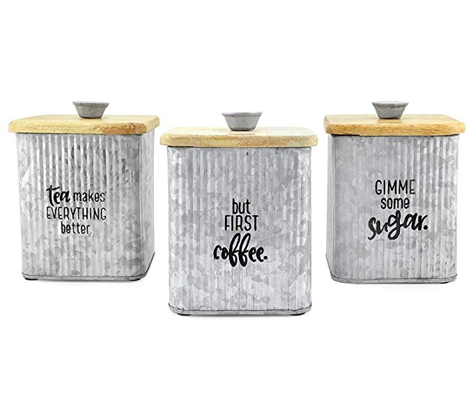 AuldHome Farmhouse Galvanized Canisters (Set of 3); Storage Containers for Coffee, Tea and Sugar in Galvanized Iron and Wood Design