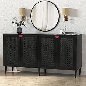 Anmytek Rattan Sideboard Buffet Cabinet with 4 Doors, Large Kitchen Storage Cabinet Black Sideboard with Adjustable Shelf Credenzas for Kitchen Hallway H0108