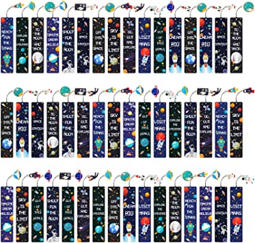 Space Theme Bookmarks with Metal Charms Planet Rocket Space Ship Theme Colorful Bookmarks Inspirational Quotes Bookmarks Cards for Space Party Favors Kids Boys Girls Adults Encouragement(48 Pieces)