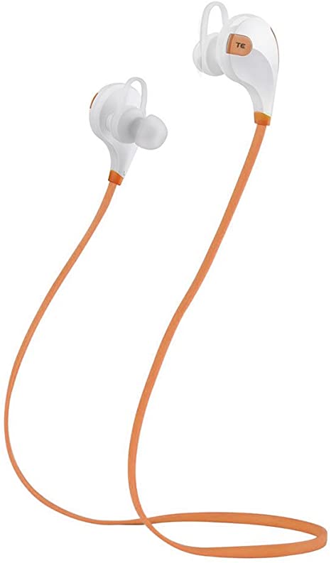 TECEVO FX4 Sports Bluetooth 4.0 Headphones / Earphones Built-in Mic With Handsfree Wireless Earbuds Long Lasting Rechargerable Battery - Ideal for use with Apple iTouch, iPad 1 2 3 4 iPhone 3 4 4s 5 5s 6 6s , HTC, Samsung Galaxy, LG, Sony Xperia, Nokia etc (White & Orange)