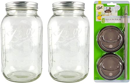 Ball Wide Mouth Half Gallon 64 Oz Jars with Lids and Bands, Set of 2, with Sip N Straw Lids Pack